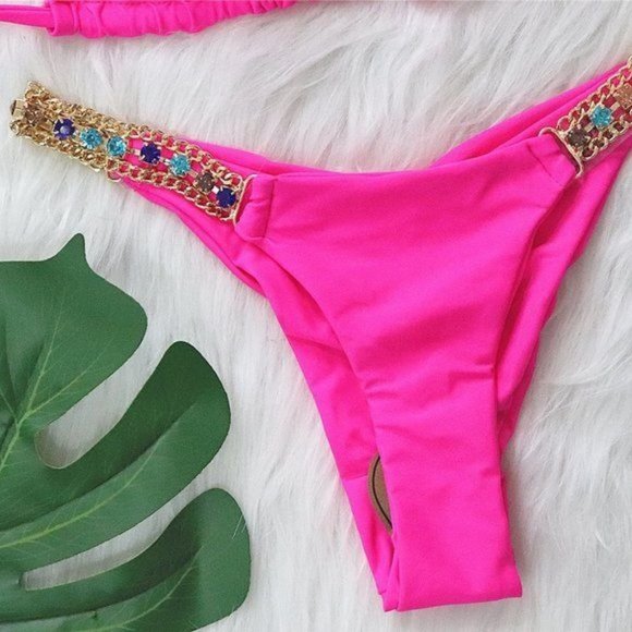 Callie Bling: Multi-colored Crystal Rhinestone Hot Pink Triangle Bikini - Picture 4 of 5